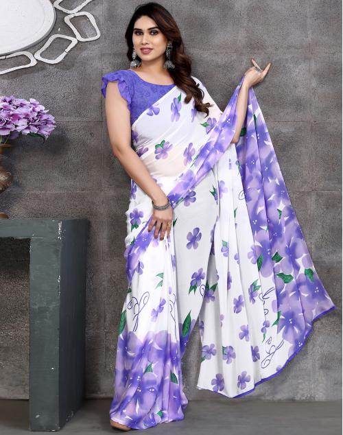 Siril Georgette White & Purple Color Saree with Blouse piece