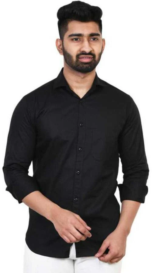 BOUGHT FIRST Men's Solid Regular Fit Cotton Blend Full Sleeve Formal Casual Wear Shirt for Men/Trendy/Stylish, for Office, Party, Outing- (Black, XL)