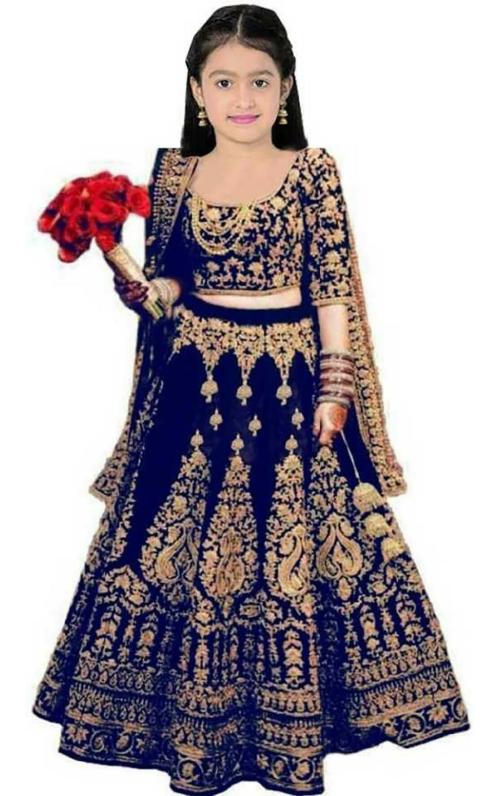 Indian Tulip Girls Blue Embellished Velvet Lehenga Choli with Dupatta