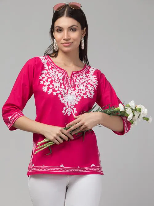 Aceola Women Pink color Cotton Kashmiri Embroidered Relaxed Short Kurti