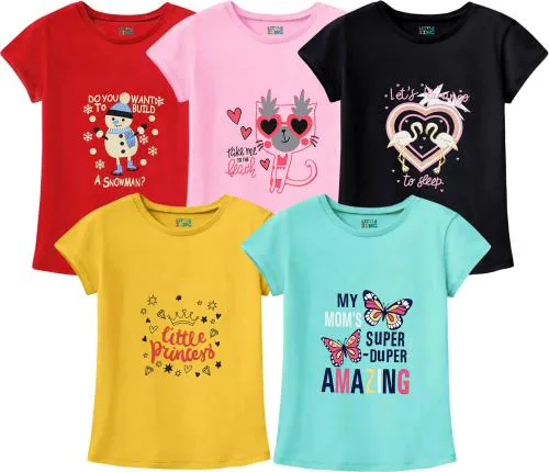 Little Zing Girls Multicolor Pure Cotton Typography Pack Of 5 T Shirt | Girls tshirt | Kids Tshirt | Kids Wear | Tshirt for Girls | Baby Clothes | T shirt for Girls | Girl T-shirt