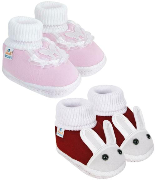 Neska Moda 9 To 12 Months Baby Girls Pack of 2 Pair Cotton Butterfly Frill and Rabit Face Booties