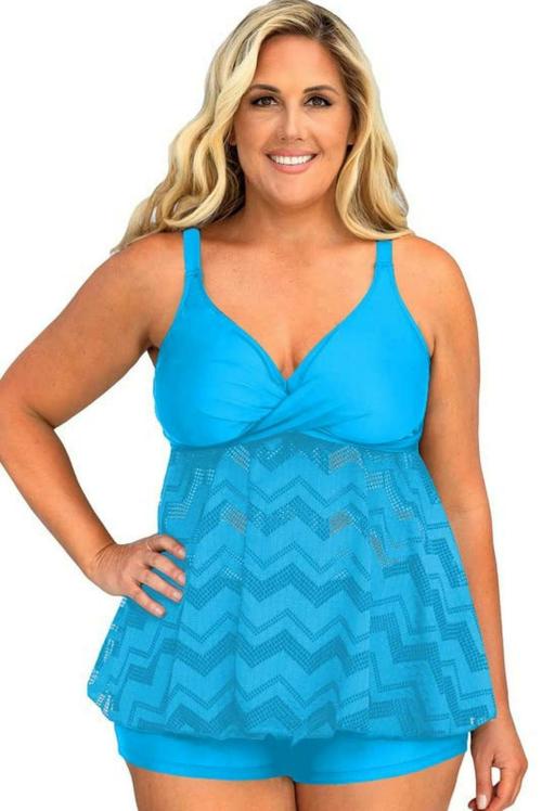 Plus Curvves Blue Ruffled Sleeveless V Neck Plus Size Swimsuit - 6XL Size