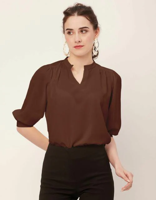 Moomaya Solid Puff Sleeve Tops, Band Collar, Semi-Formal Tops For Women
