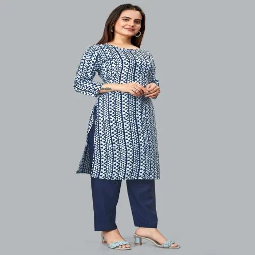 Jiva Women's Trendy & Fashionable 3/4 Sleeve Knee Length Round Neck Digital Printed A-line Daily or Casual Wear Kurti Set (Blue) (Size-XXL)