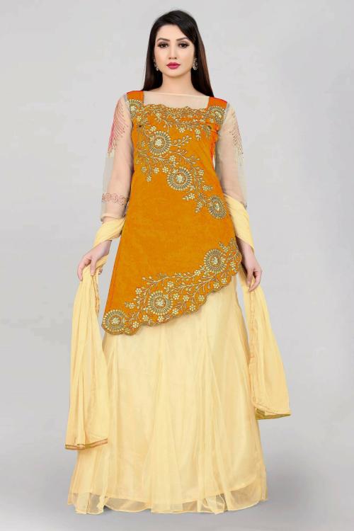 Fabcartz Women Orange, Cream Self Design Net Lehenga Choli