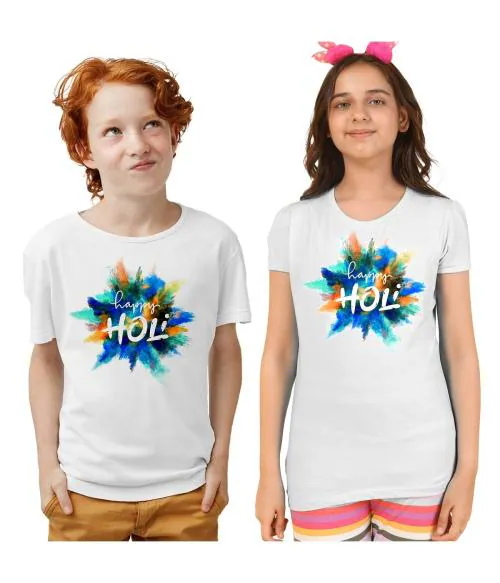 KYDA KIDS Happy Holi Printed Boys and Girls RoundNeck White Tshirt