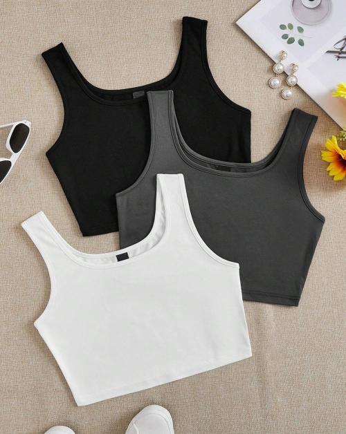 DDASPRATION Women Cotton Rib Round Neck Crop Top | Trendy Fashionable Crop Tops for Women | Casual Wear Tops Women | Pack of 3 | Black Dark Grey & White | S Size