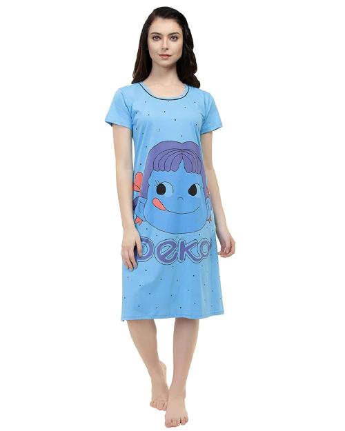 Red Rose Short Nighty for Women - Tshirt Nighty - Knee Length Night Dress - Stylish Nighty for Women - Nightwear for Ladies (Blue)