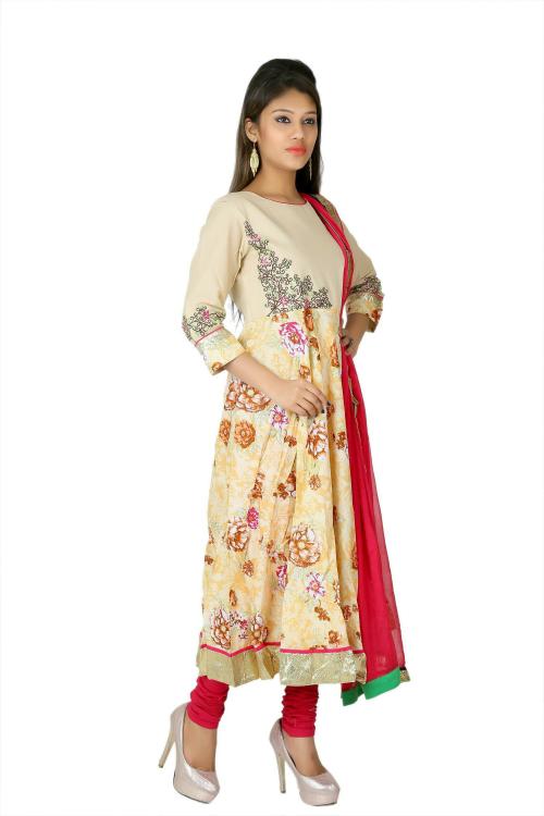 Span Women Beige Self Design Cotton, Cotton, Nazlin Kurta, Churidar And Dupatta Set