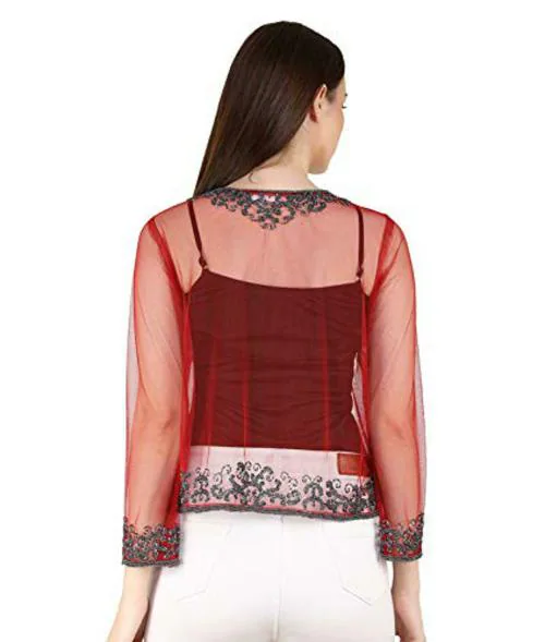 UNFAKENOW Women Red Embellished Net Shrug