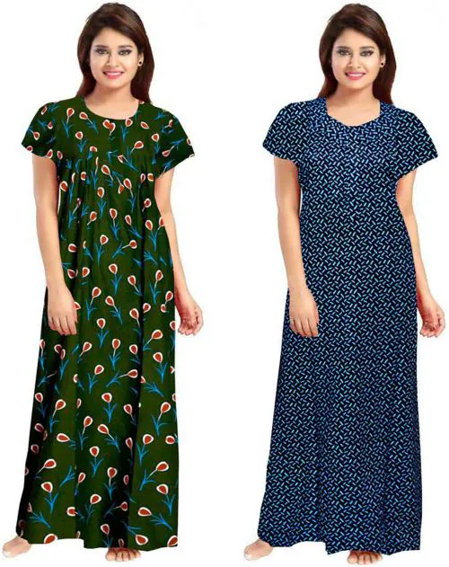 Averill Women's Green, Blue Printed Cotton (Pack of 2) Nighty Set
