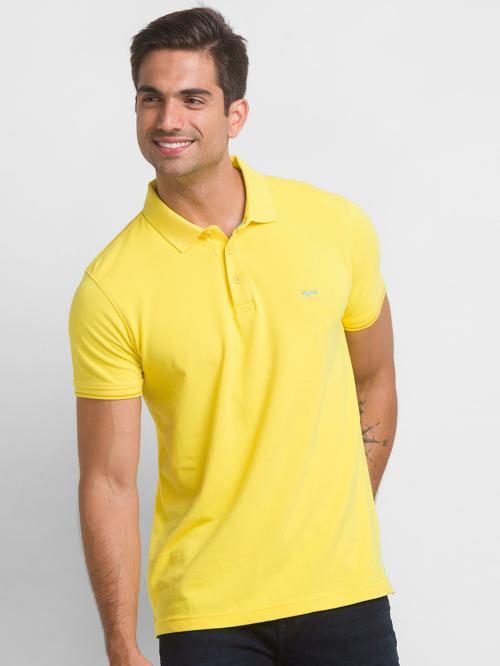 Spykar Sulphur Yellow Cotton Half Sleeve Plain Casual T-Shirt For Men