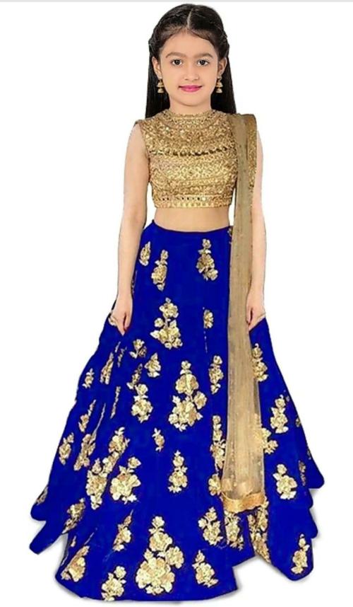 NIVUDI Girls Royal Blue Embroidered Satin Lehenga Choli and Dupatta Set (4 to 5 Years)