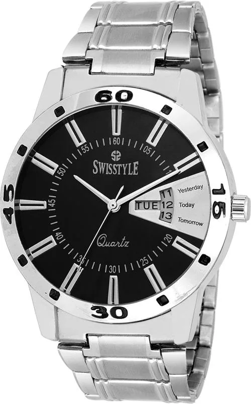 Swisstyle Analog Black Dial Silver Strap Watch For Men-(SS-GR8416-BLK-CH)