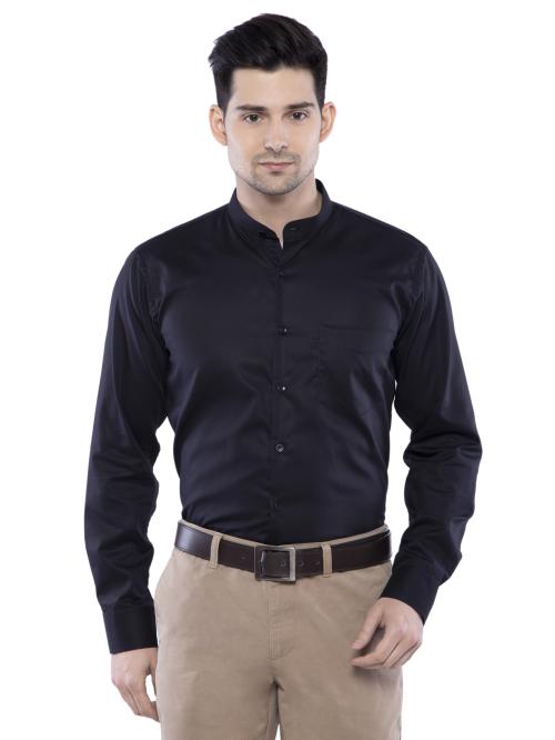 Black Mandarin Collar Cotton Shirts For Men