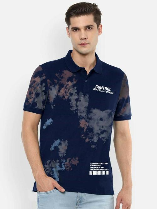 Jump Cuts Men's Printed Halfsleeve Polo Neck Dark Blue Cotton Slim fit Tshirt