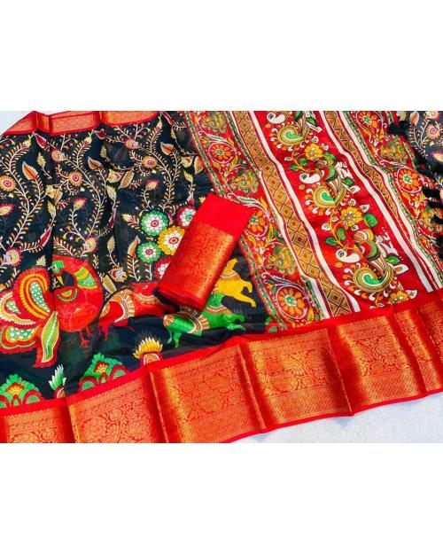 Radha's Inch Gold Zari Pencil Jacqrad Weaving Border Dola Silk Fabric Digital Pichwai Kalamkari Sarees Printed Saree (Black)
