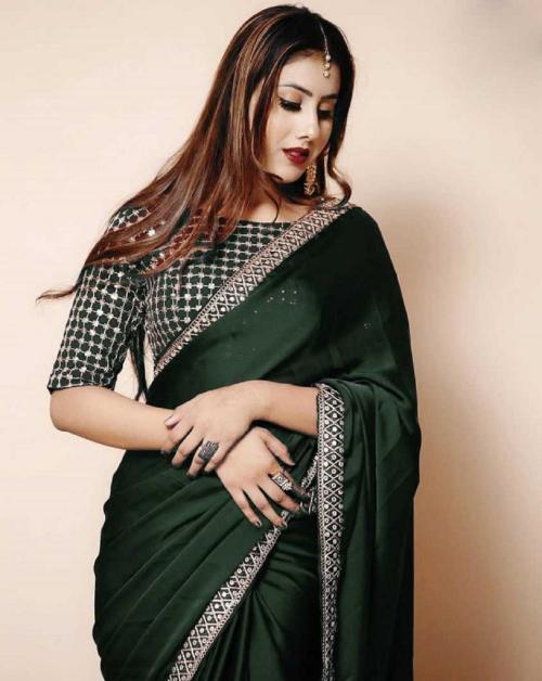 mydoux Women's Silk Embroidery Border Saree with Heavy Work Blouse Unstitched Piece -GREEN