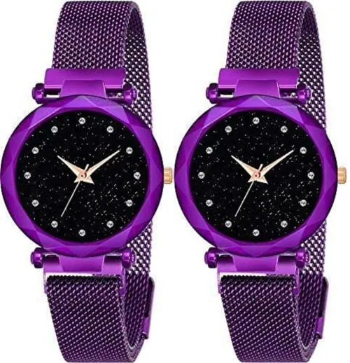hala Combo of 2, Purple - Analog Watch - For Girls New Black Round Dial with Magnetic Strap