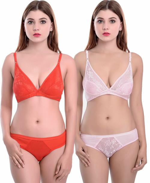 In-Curve -Women Cotton Bra Panty Set for Lingerie Set ( Pack of 2 ) ( Color : Orange,Pink )