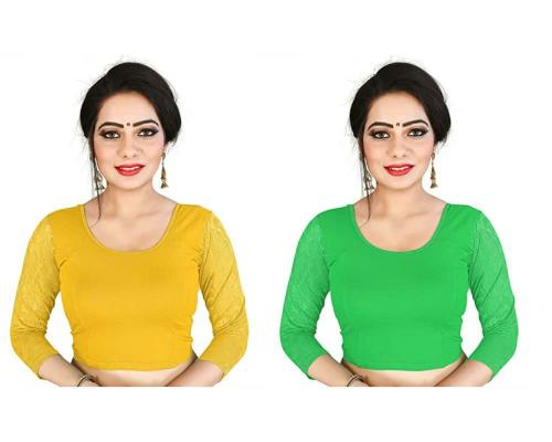 BKD Fashion Women Parrot Green and Yellow pack of 2 Readymade Stitched Saree Blouse (XL)