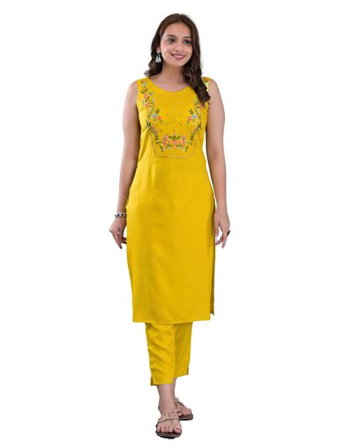 Maquien Women Yellow Embroidered Rayon Kurta Suit Set