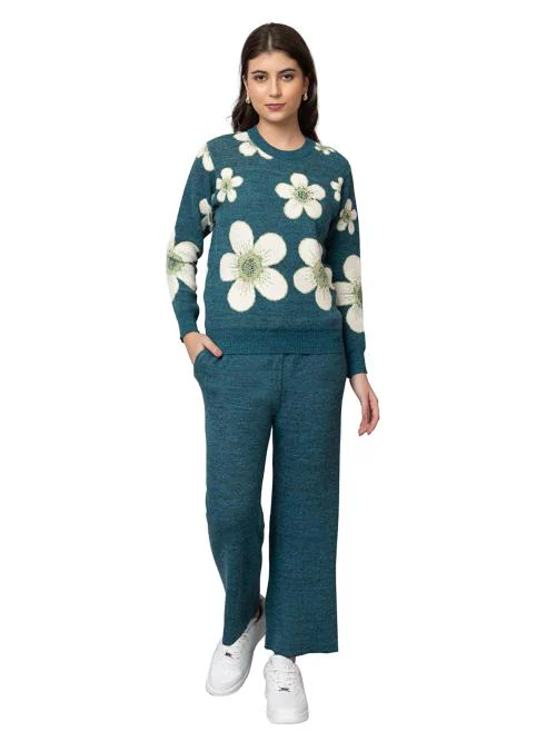 Kvetoo Woolen Crop Sweater with Lower Winter Wear Co-ord Set for Women Teal Size 3XL