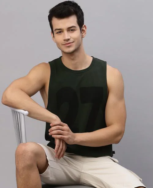 Rigo Men Bottle Green Numerical Print Round Neck Sleeveless T-Shirt Vest