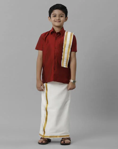 Ramraj Cotton Boys Red Shirt and Cream Dhoti With Towel