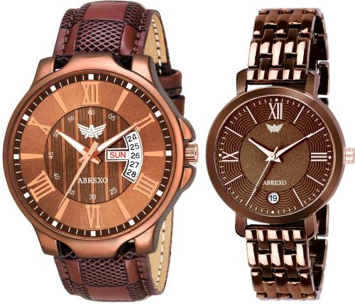 Abrexo Brown Analog Watch Combo For Couple (5091-BR BROWN)