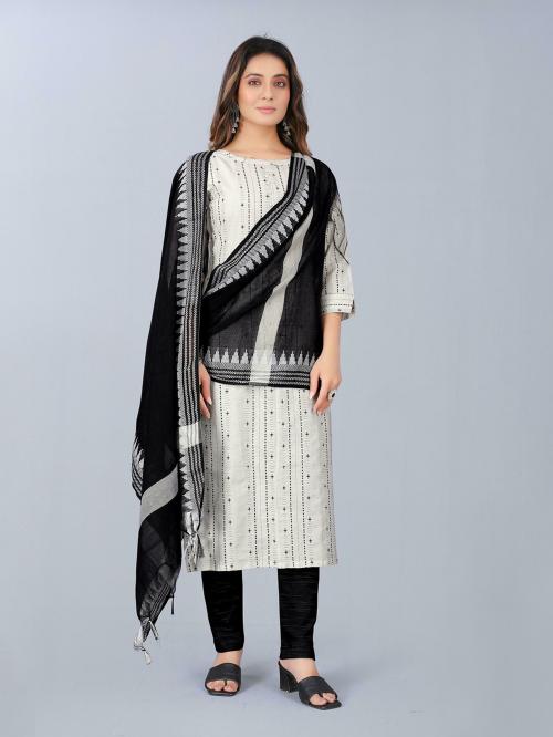ASPORA Women Off White,Black Striped Pure Cotton Unstitched Dress Material