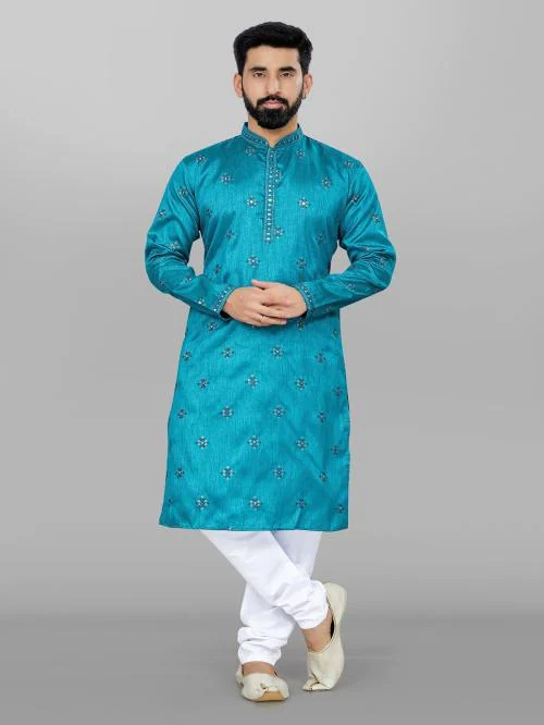Outluk Traditional Indian Teal Colour Kurti With Embroidery Work And Raymond Cotton Pant set