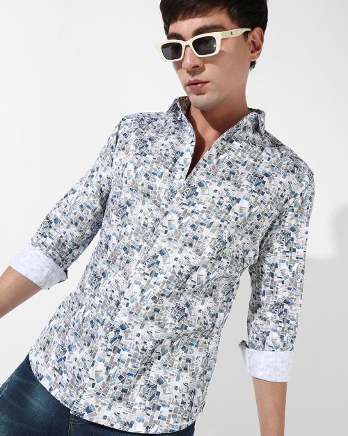 Campus Sutra Men's Abstract Print Button Up Cotton Shirt