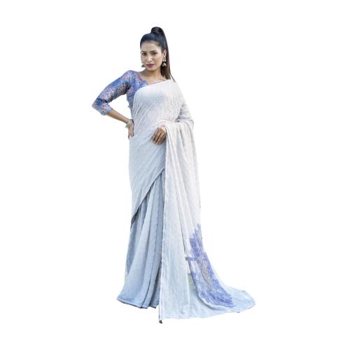 TRIVENI White Georgette Fancy Swarovski Work Saree