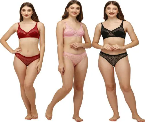 Classic Selection Women's Lingerie Set Babydoll Swimwear Hot Nighty Wedding Night Bra Panty Set Combo 3 Sets DecentSet(CB_1-3)Red-Pnk-Blk-32