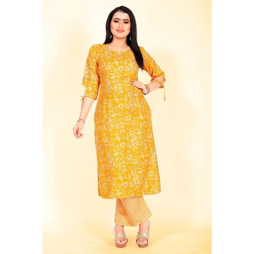 Marabout Yellow Colour Digital Printed Cotton A Line Cotton Kurti With Pant