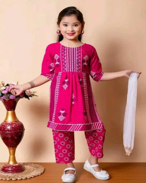 AR GARMENTS Girls Festive & Party Wear Kurta and Pajama Set (Rani Pink, Pack of 1) Size-9-10Y