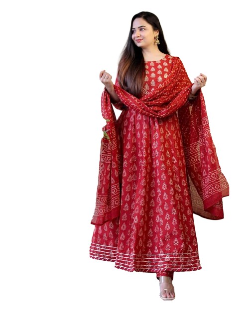 Clickedia Womens Fully Stitched Cotton Anarkali kurti with zari and adda work on yoke with Pants and Malmal Dupatta Jaipuri Salwar Suit