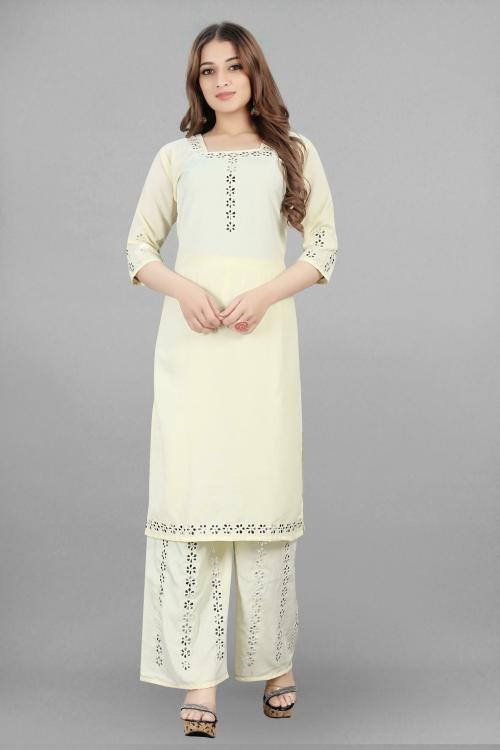 MFDS Women White Embellished Viscose Kurta and Palazzo Set (XXL)