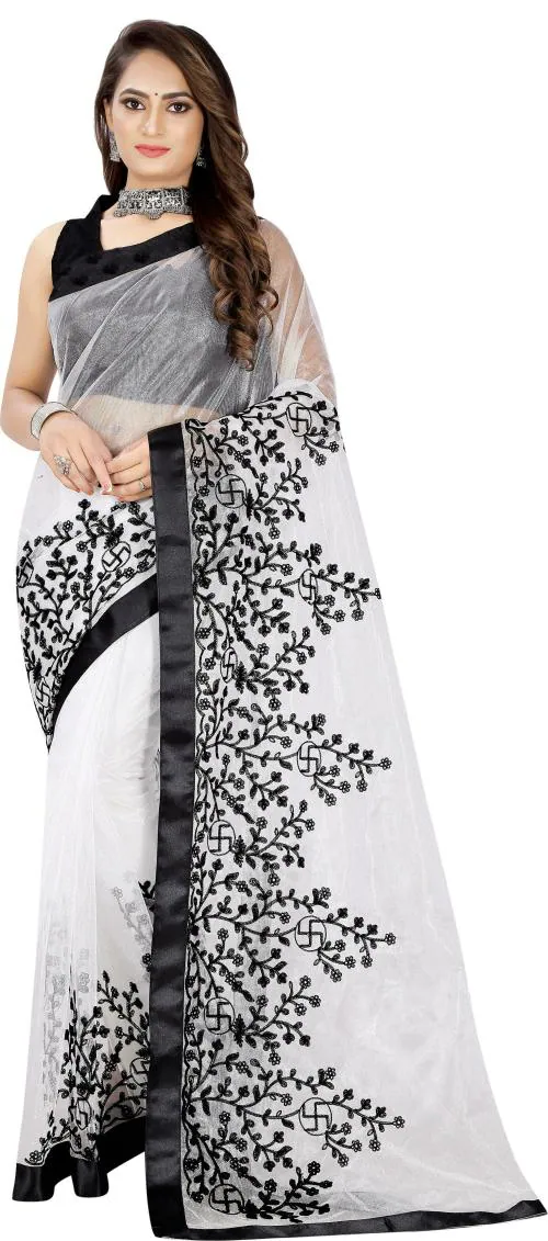 HETIOM Women White Embroidered Net Saree