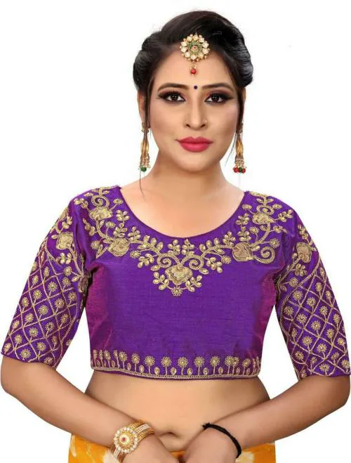 Pujia Mills Women Gold Embroidered Pure Silk Blouse 38