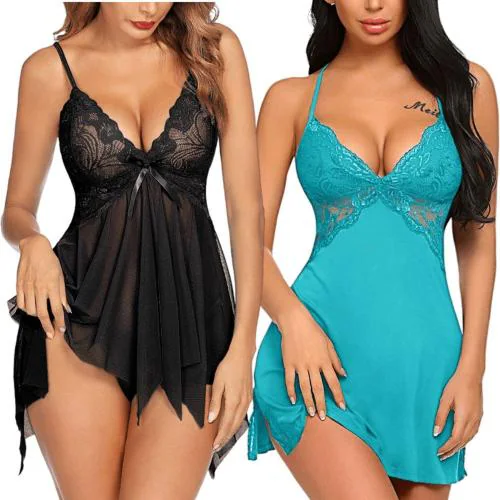 Arnoni Sexy Nighty for Honeymoon Sex, Babydoll Lingerie Set for Women Polyester Baby Doll Night Dress Sexy Lingerie for Women ak Combo (Black and Lite Blue)