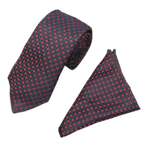 Rare Combee Group Mens Navy Blue Premium Silk Necktie Suit Accessories Set With Pocket Square Red Dotted Design