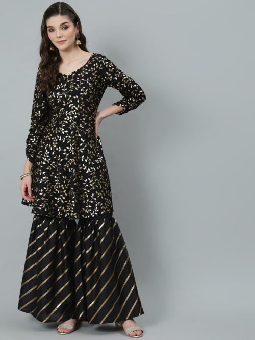 Black & Gold Foil Printed A-Line Kurta With Sharara Set