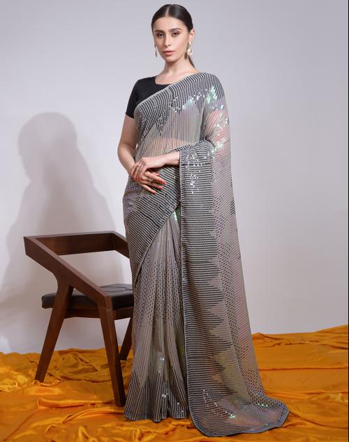 Satrani Georgette Grey & Black Color Saree with Blouse piece