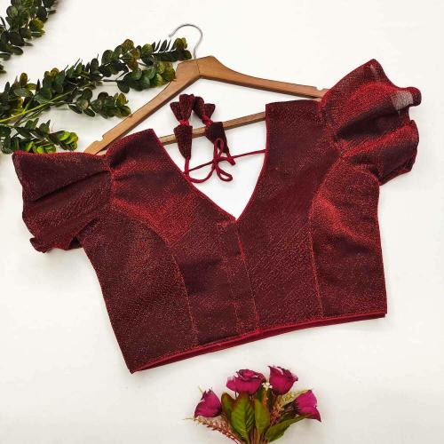 Owee Women Maroon Self Design Net Party V Neck Blouse