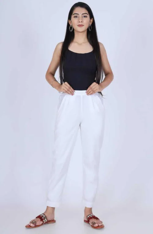 MIRAYYA Women's Cotton Blend Solid Regular Fit Straight Pant Trouser Multicolor 2 Pocket Pant Daily use Stylish Pant Fancy Design ( WHITE)