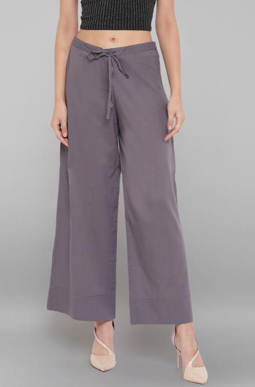 Janasya Women's Grey Pure Cotton Palazzo Pant