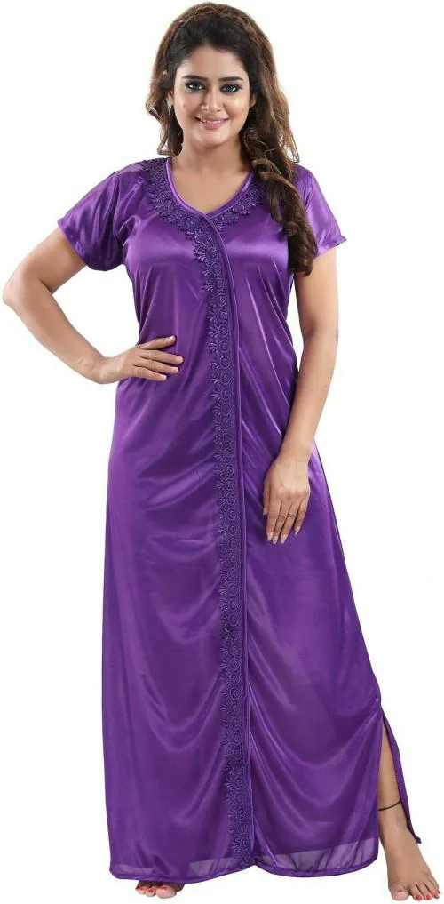 Life-Tale Women Purple Embroidered Satin Nighty